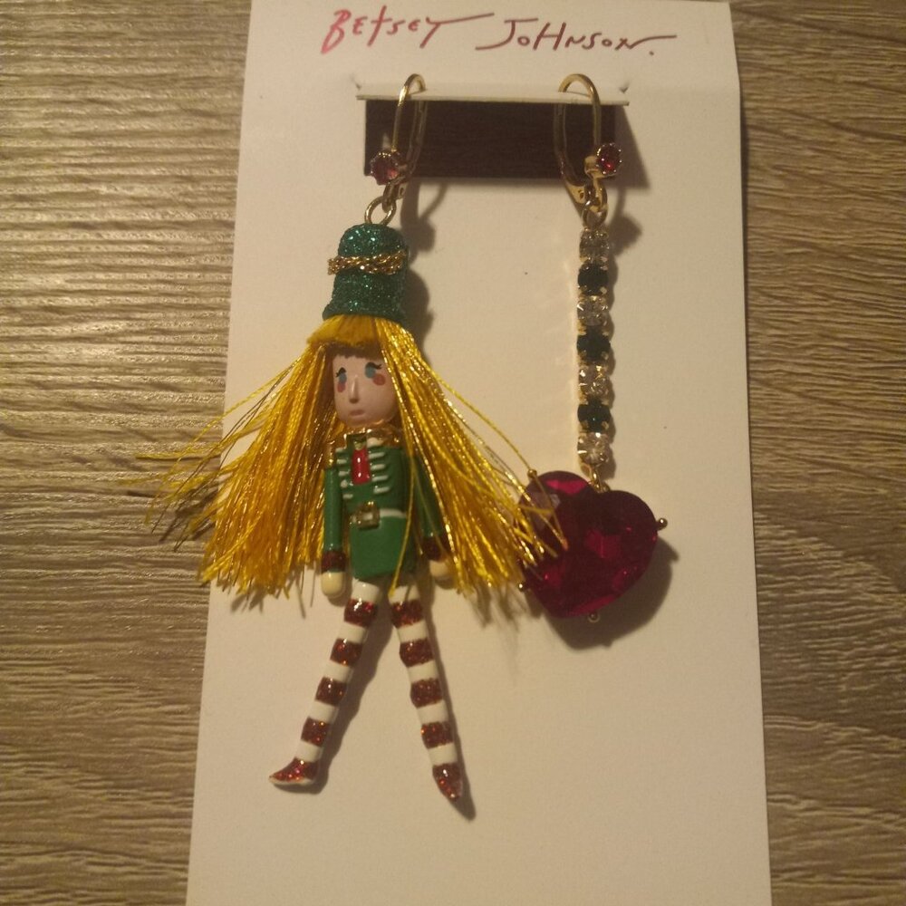 Betsey Johnson Whimsical Mismatched Nutcracker and Heart Earrings, NWT